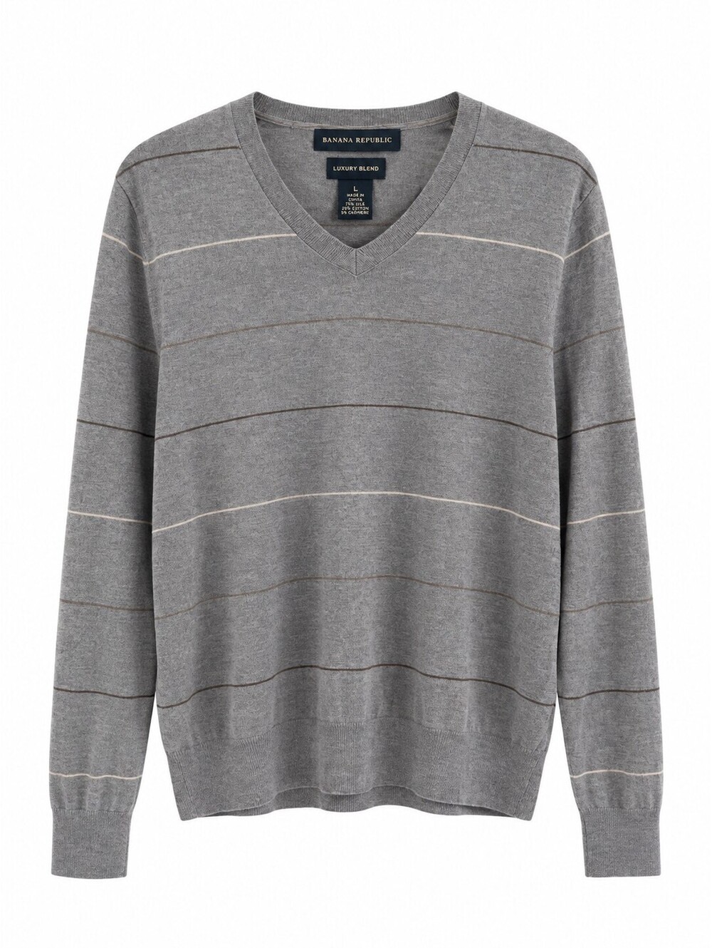 Banana Republic Luxury Blend Silk Cashmere Gray Striped V Neck Sweater L